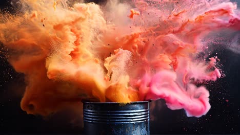 a can of paint is splattered with orange and red paint, creating a colorful explosion. scene is energetic and dynamic, with the paint representing a burst of creativity and expression