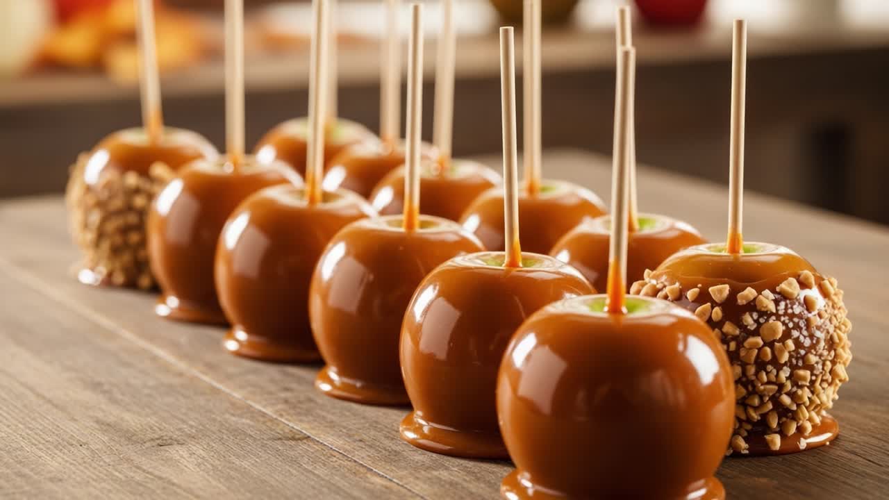 Mele caramellate squisitamente artigianali esposte in fila, che mostrano diverse coperture con noci e una lucida glassa al caramello, perfette per le feste e i dolcetti autunnali.