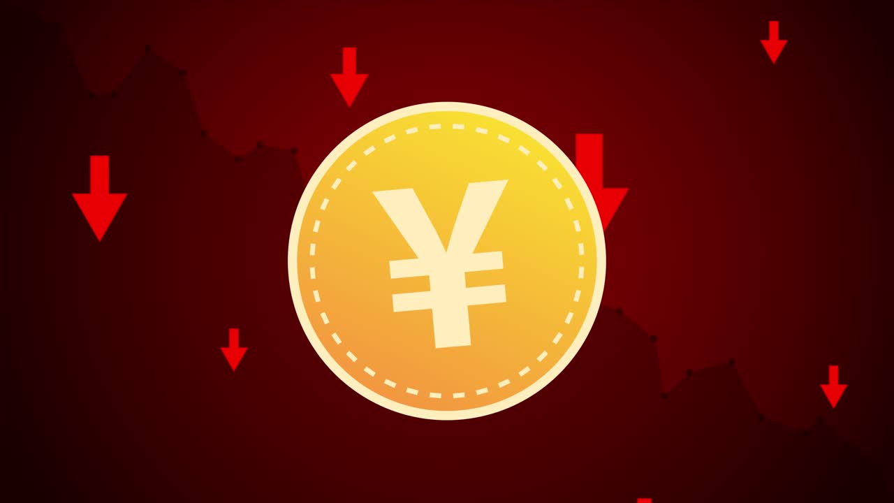 곰 시장에서 뒤쳐지는 빨간색 화살표가 있는 일본 돈의 개념