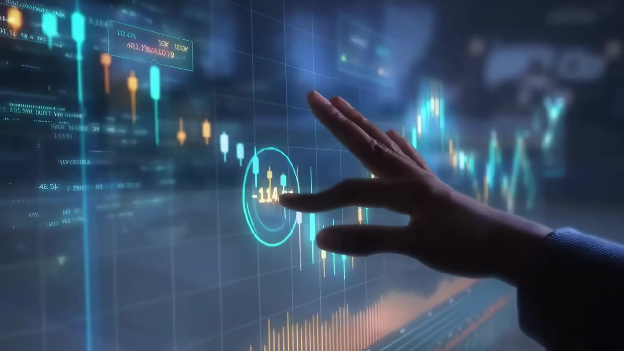 Analista finanziario con visualizzazione digitale dei dati del mercato azionario