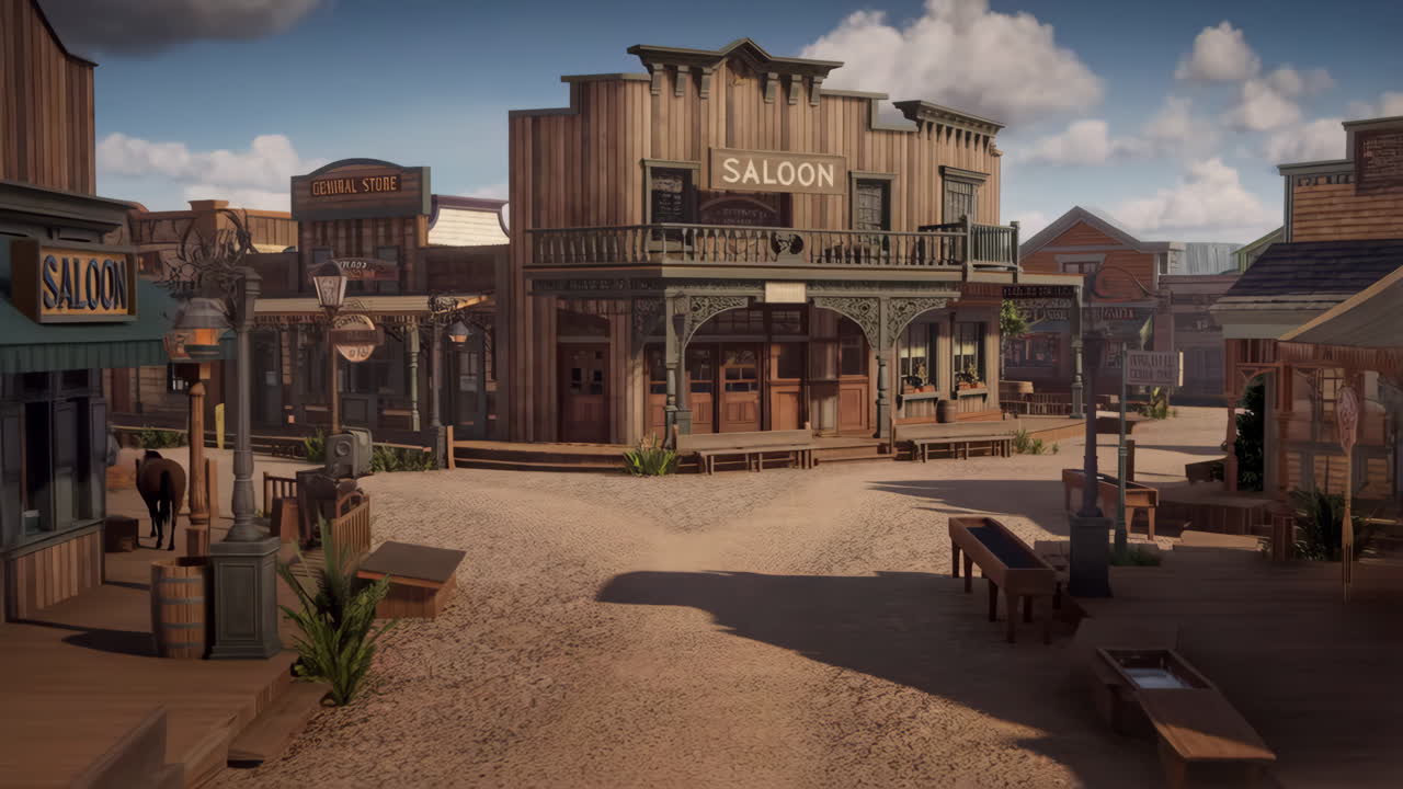 A deserted Old West town street with a prominent saloon and general store
