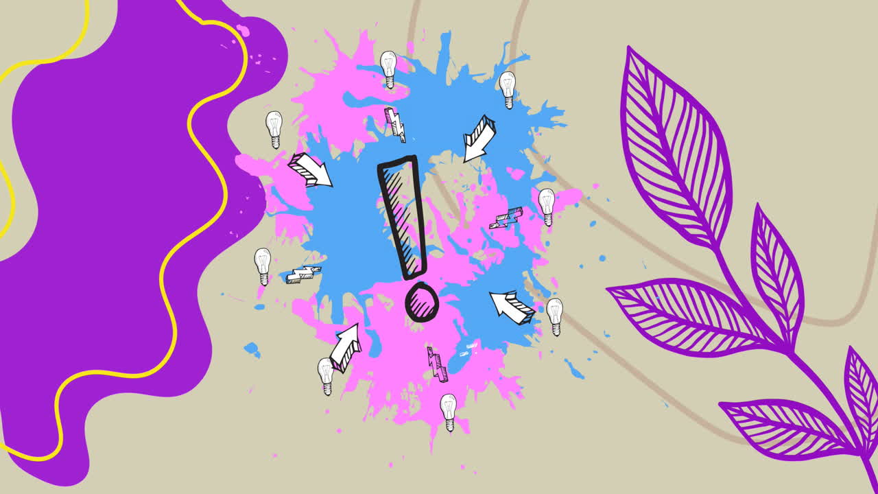 animación de un signo de exclamación sobre formas sobre un fondo beige