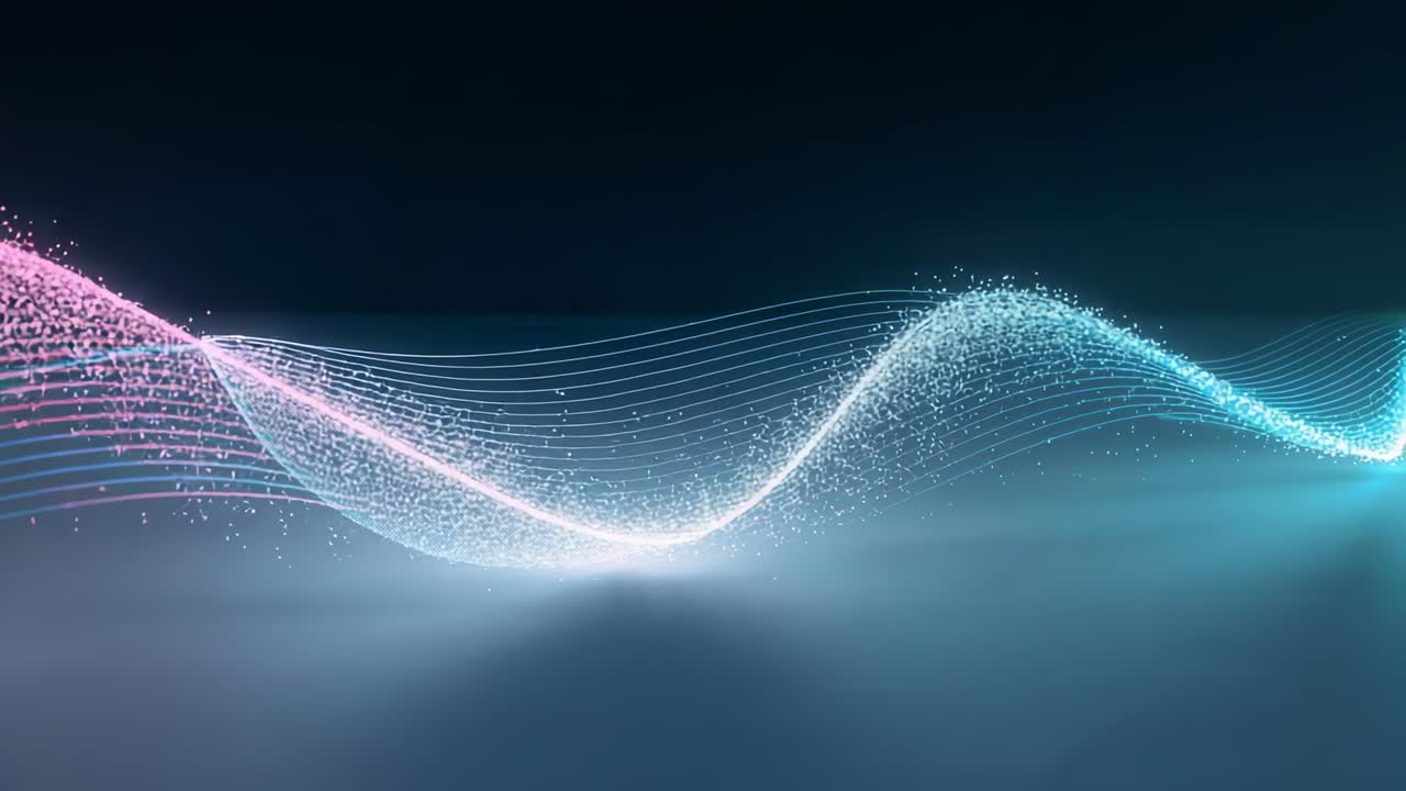 Opening particle stream forming rising digital waveform in abstract space, showing data flow