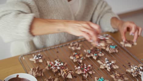 close up of unrecognizable caucasian woman decorating sweet cookies at home during the christmas.