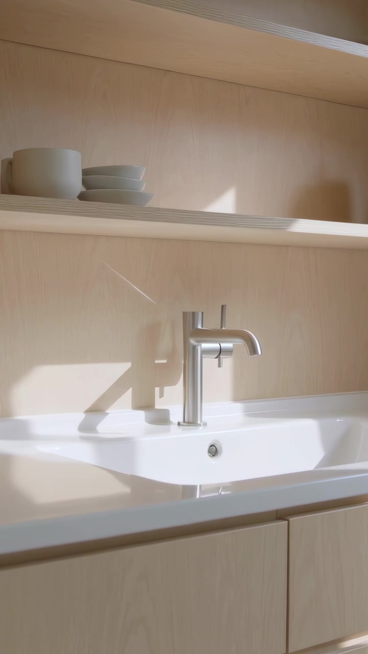 Vertical video: Shifting sunlight moving shadow across metal faucet and sink at bathroom vanity