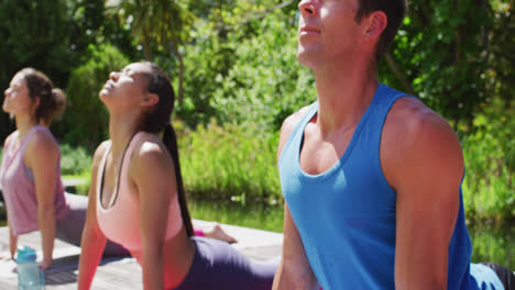 Diverse-male-and-female-group-practicing-yoga-stretching-on-mats-in-sunny-park