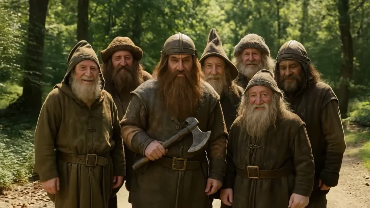 Group of medieval men in rustic attire and helmets, standing in a forest