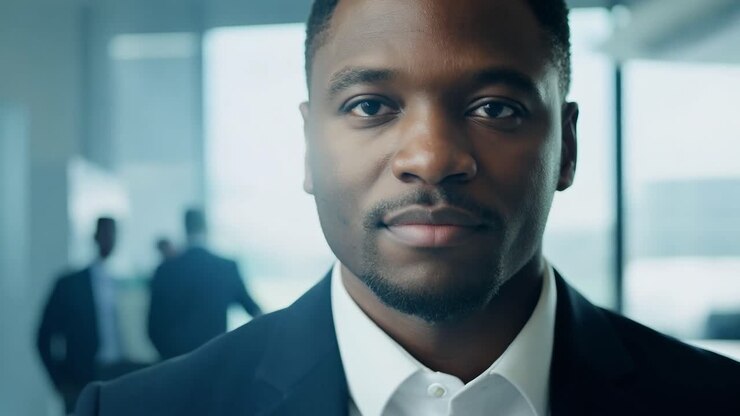 Businessman standing with a neutral expression while colleagues walk by in a busy office environment