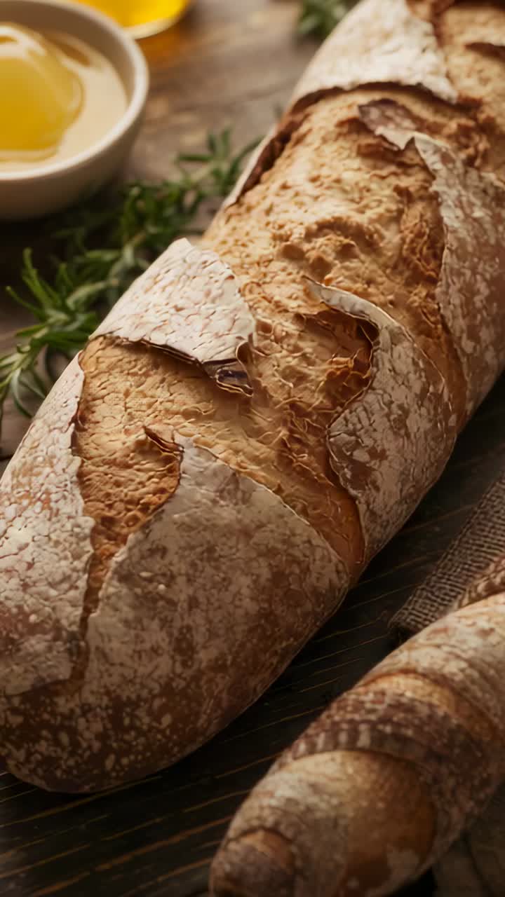 Video verticale: telecamera scorrevole che rivela una baguette su un tagliere, mostrando un filone intrecciato e olio per lo styling