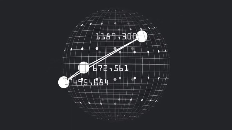 Animación de números alrededor de puntos conectados formando un triángulo sobre un globo terráqueo en un fondo negro