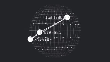 Animation-of-numbers-around-connected-dots-forming-triangle-over-globe-on-black-background