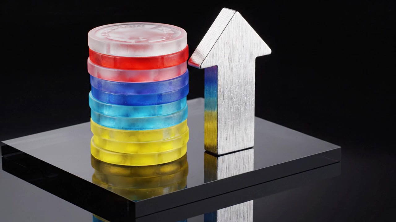 Dischi colorati impilati con una freccia metallica rivolta verso l'alto su una superficie riflettente, che simboleggia crescita, progresso o successo in un design elegante e moderno.