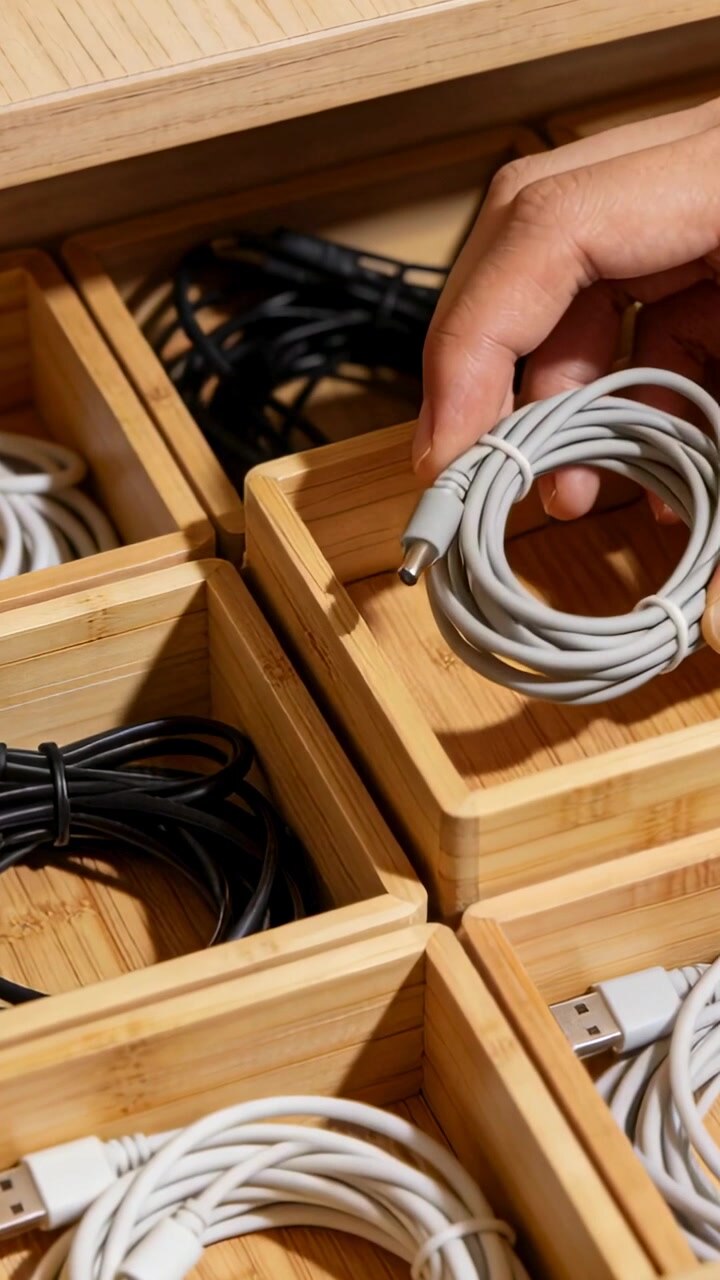 Vertical video: Reaching right hand lifting white cable from bamboo tray on desk checking USB plug