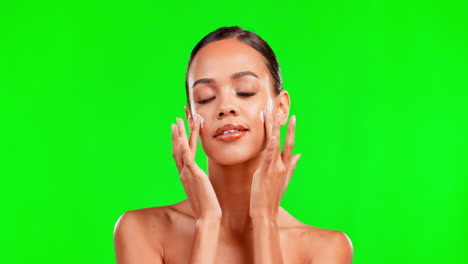 Woman,-hands-and-skincare-cream-by-green-screen