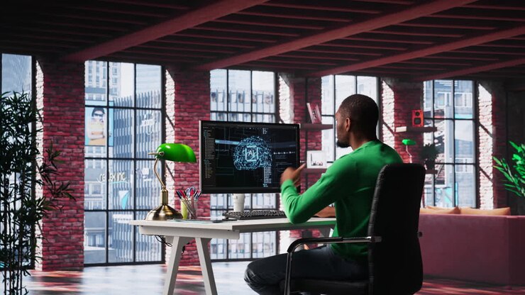 Vertical Video African american technician writes code on AI brain neural network