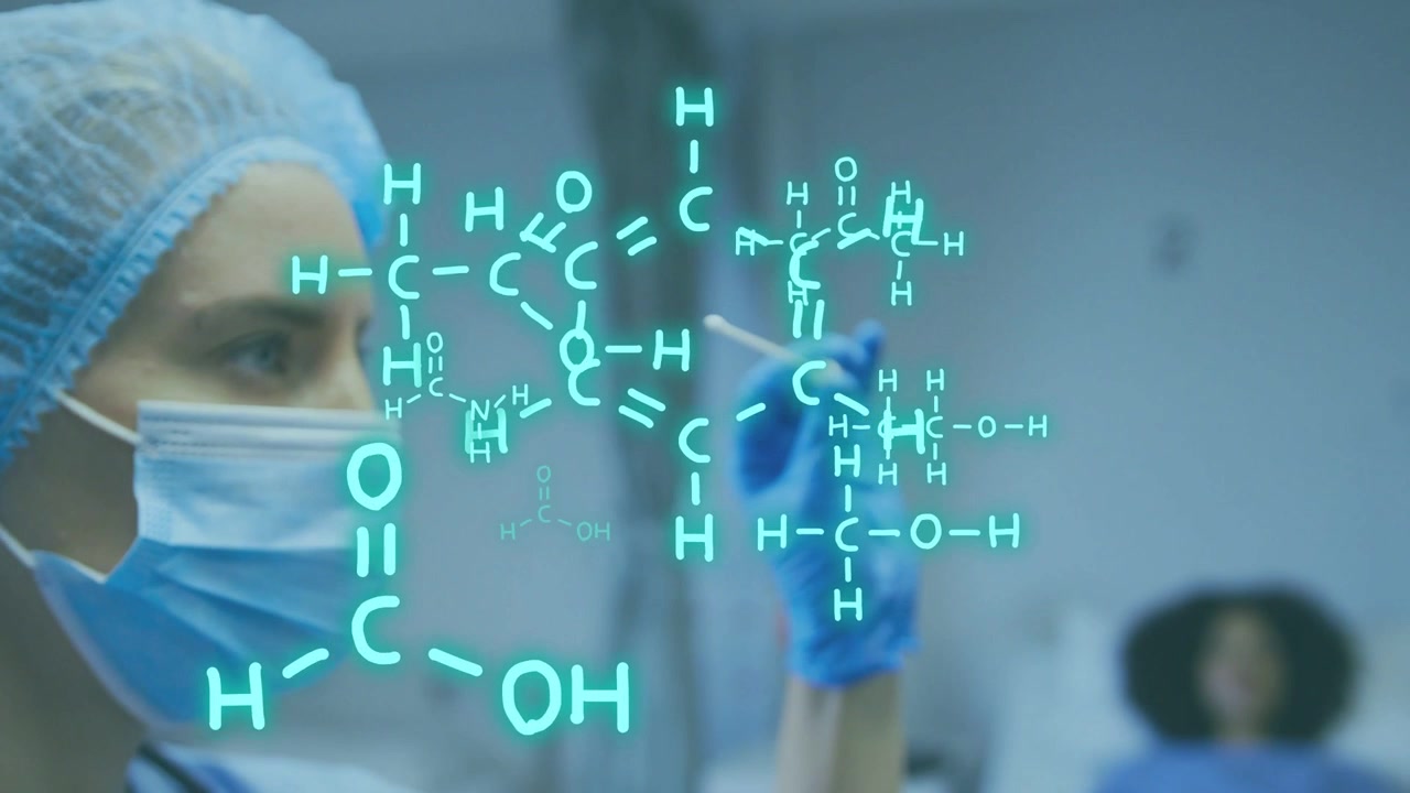 Klinikte şişeyi inceleyen ve çubuk çıkaran klinisyen, testi hazırlayan elin üzerinde turkuaz moleküllerin bindirildiği görüntü.