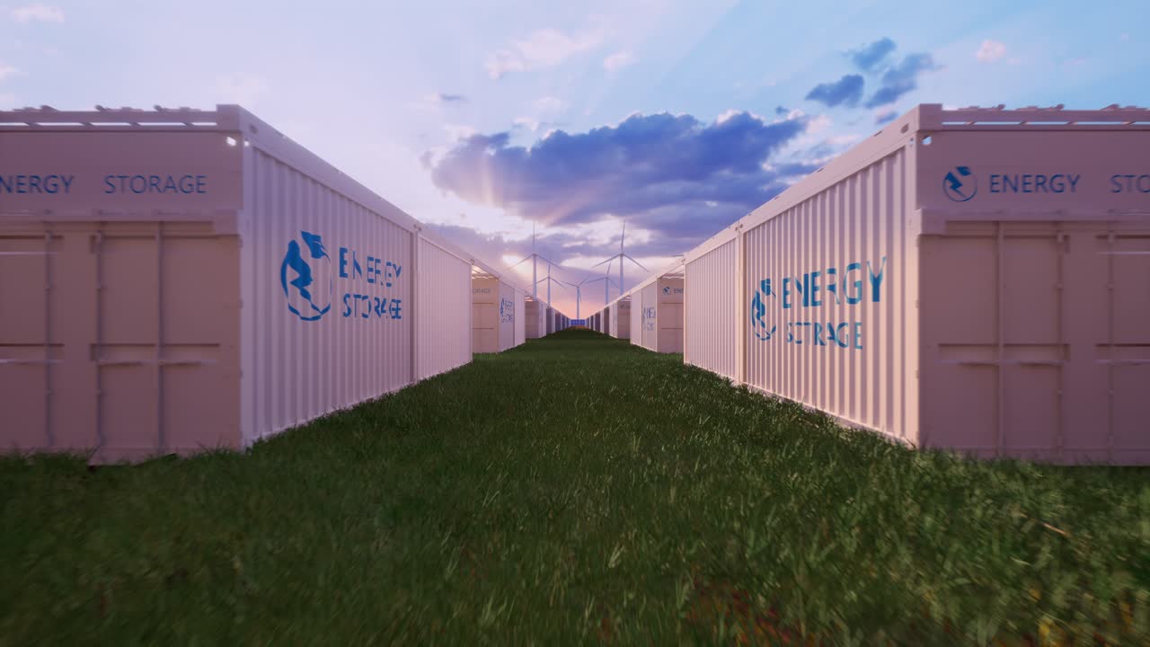 Battery Storage Power Station Accompanied By Solar And Wind Turbine Power Plants. New Energy Concept