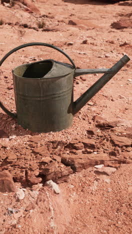 rusty watering can in a desert