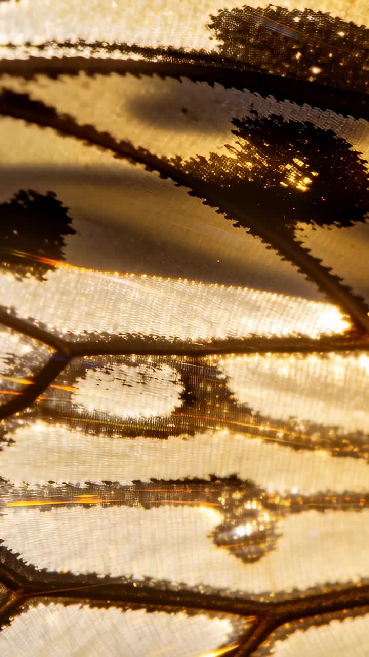 Scatto macro di ala di farfalla traslucida illuminata da luce dorata
