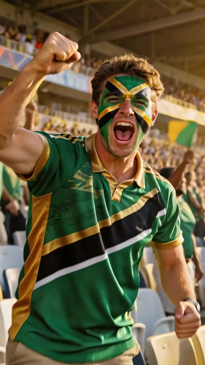 Video vertical: Aficionado masculino gritando con la cara pintada, levantando el puño en un estadio y ondeando una bandera verde y dorada