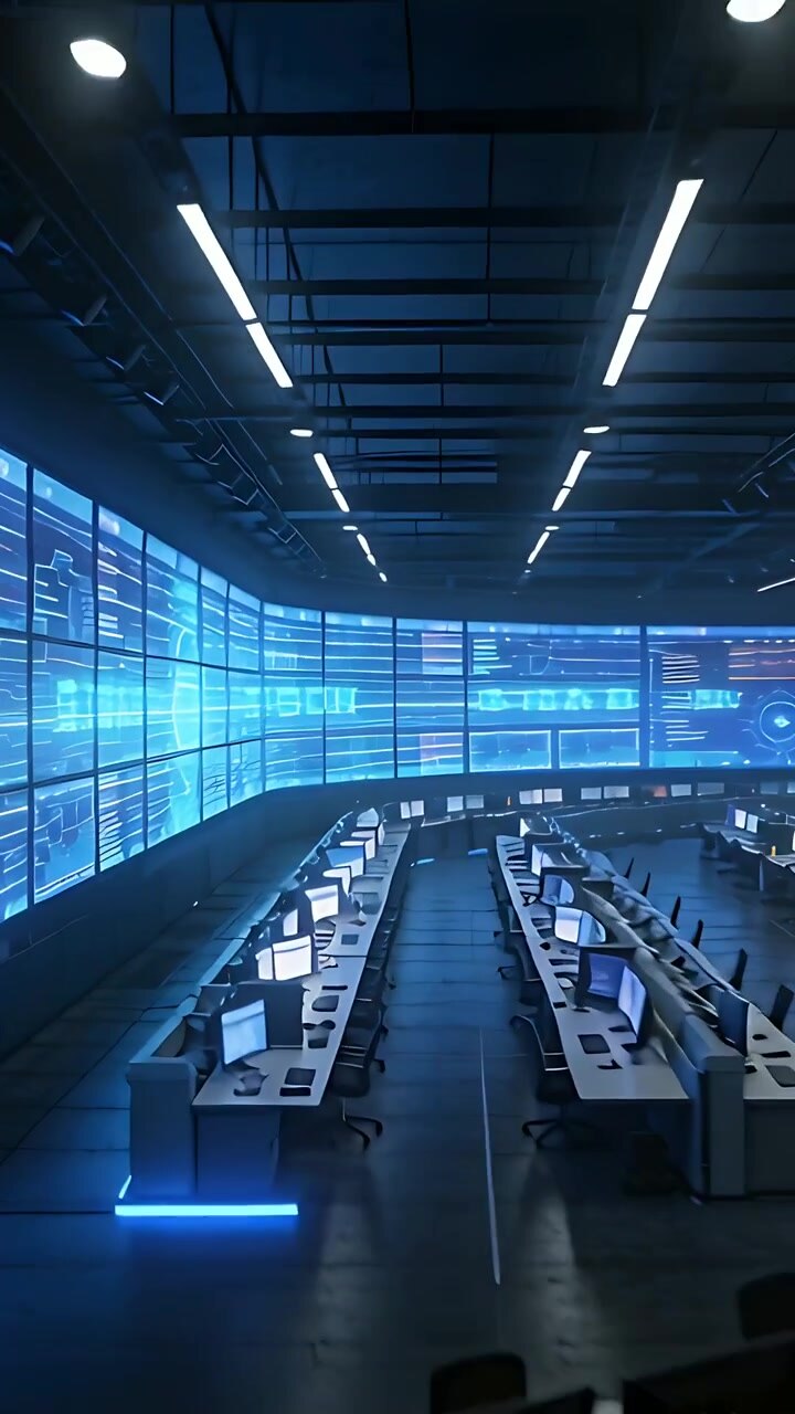 Vertical video: Pulling back camera revealing curved display in control room for monitoring