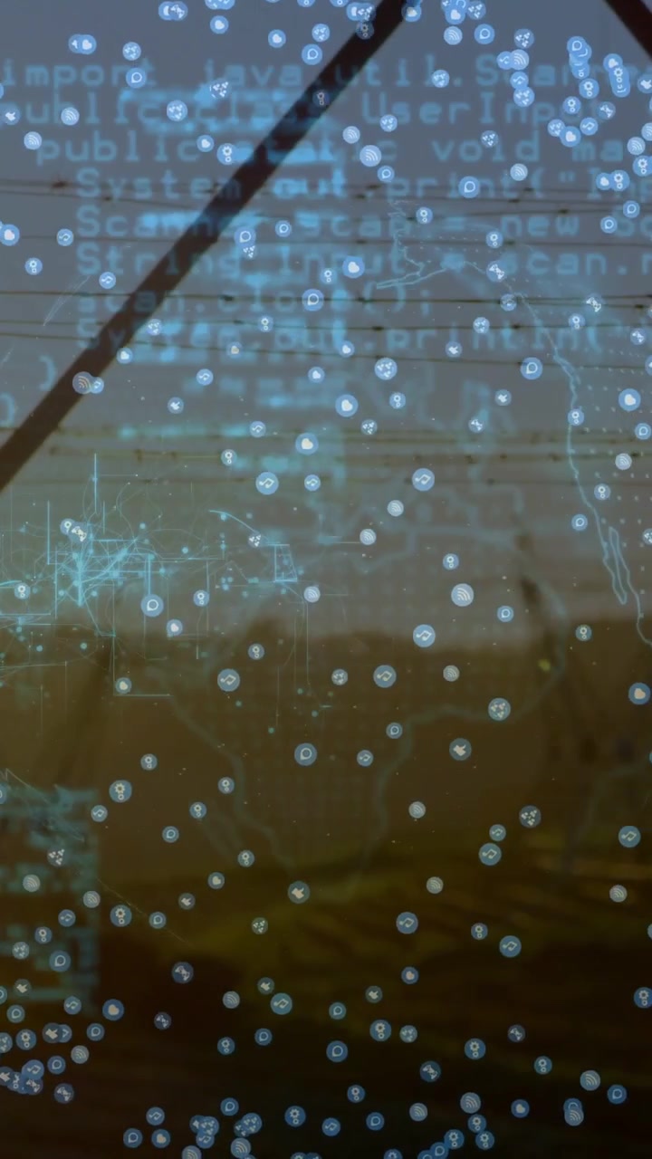 Vertical video: Cyan overlay starting scan, pulsing nodes, code mapping data over horizon for tech