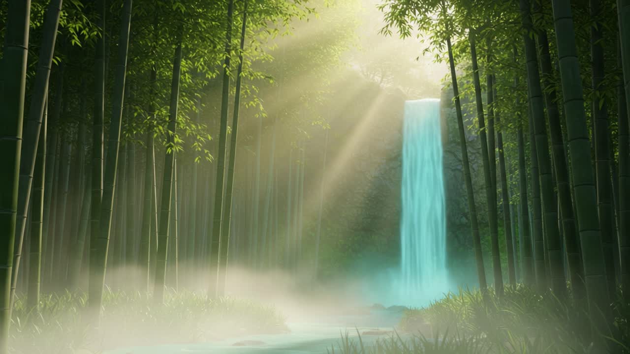 A Serene Waterfall Surrounded by Lush Bamboo Forest with Sunlight Filtering Through the Leaves Creating a Mystical Atmosphere of Tranquility and Natural Beauty