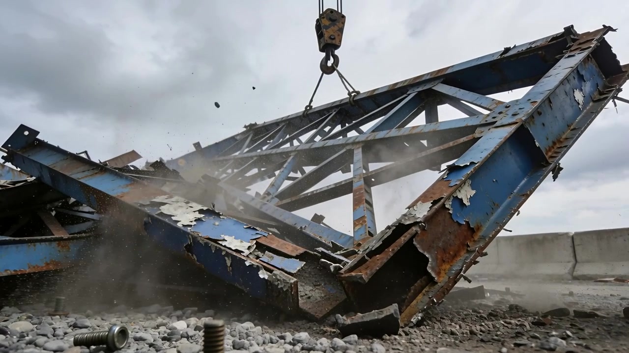 Lowering rusted blue truss by crane hook striking gravel concrete rooftop, scattering bolts