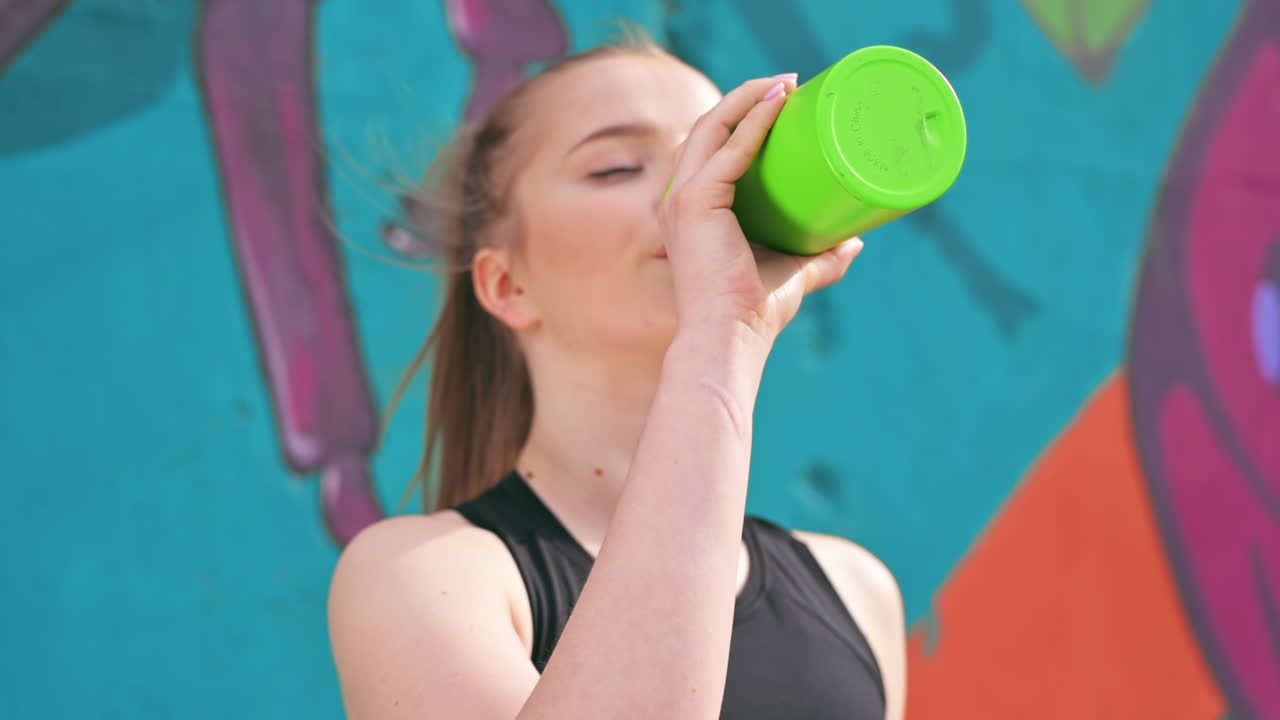 Young focused blonde woman drinking water at outdoors training, road. Slow motion