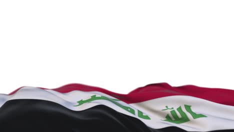 iraq fabric flag waving on the wind loop. iraqi embroidery stitched cloth banner swaying on the breeze. half-filled white background. place for text. 20 seconds loop.