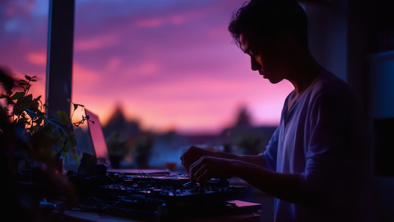 A DJ immersed in the vibrant twilight as he skillfully adjusts the equipment, creating an enchanting atmosphere filled with sound and color against a sunset backdrop