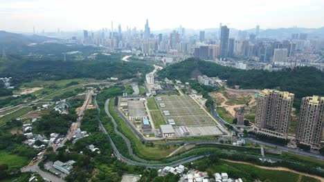 aerial top view of law fong sewage treatment facility in shenzhen river, mainland china