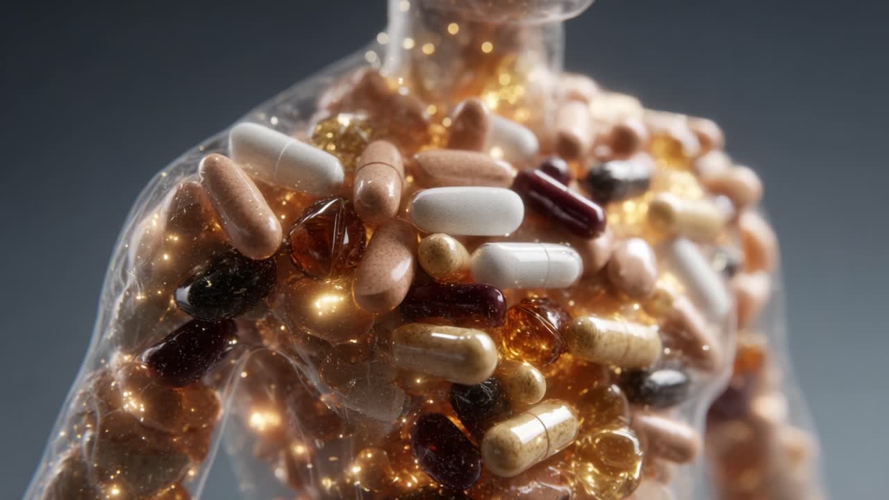 A Stunning Visual Representation of the Human Body Enveloped in a Mosaic of Nutritional Capsules and Supplements, Reflecting the Modern Approach to Health and Wellness