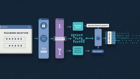 understanding password encryption: a visual guide illustrating the process of hashing, salting, and key management for enhanced cybersecurity in digital environments
