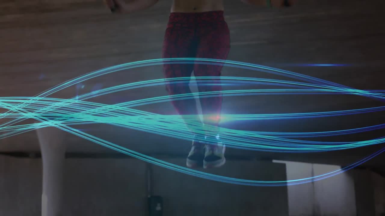 animación de líneas azules sobre una mujer saltando al aire libre