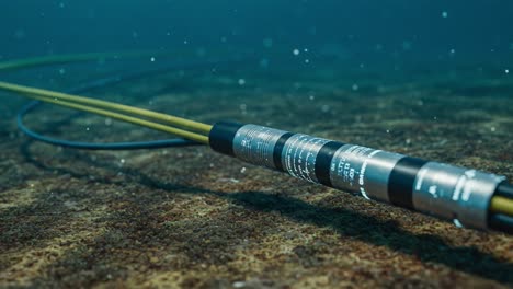 underwater cable system: detailed view of an advanced submarine communication cable and its components, dotted with bubbles in a murky ocean environment
