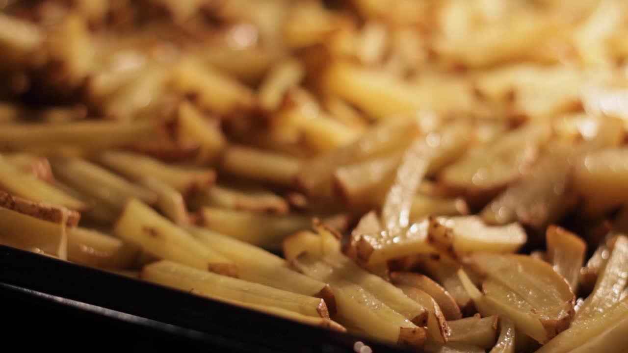 Juicy oily french fries in a grill container, closing in shot
