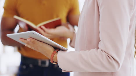 closeup, planning and staff with a tablet