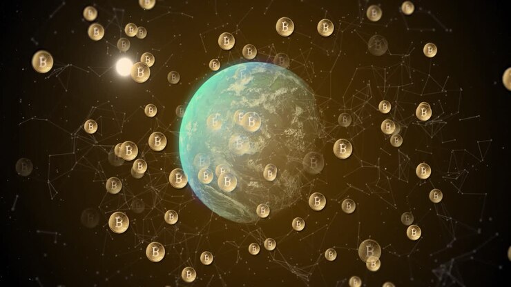 Animazione di connessioni con simboli Bitcoin ed elaborazione dati su un globo.