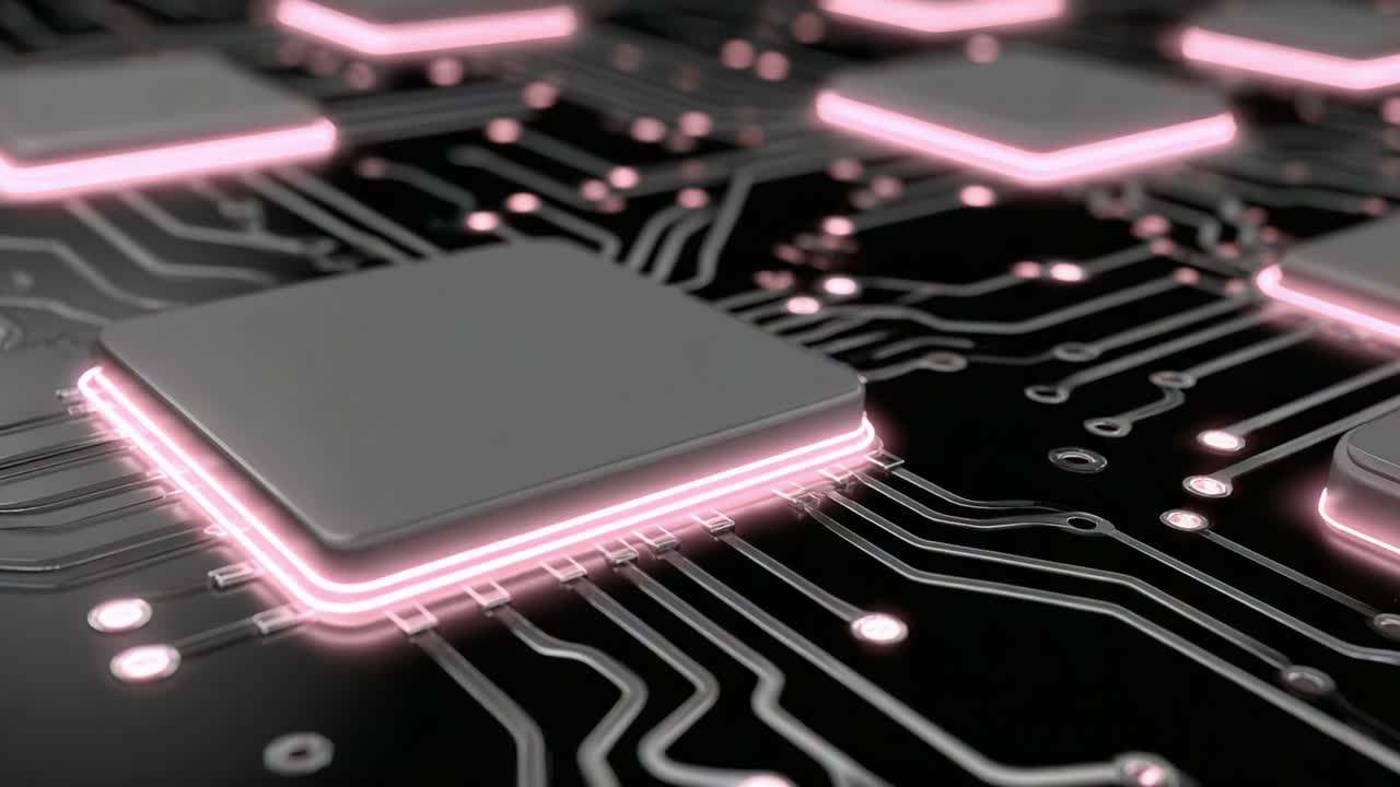 Exploration of Modern Circuitry: Close-Up Shots of Elegant Microchip Designs with Neon Accents Reflecting the Advanced Technology of Our Digital Era