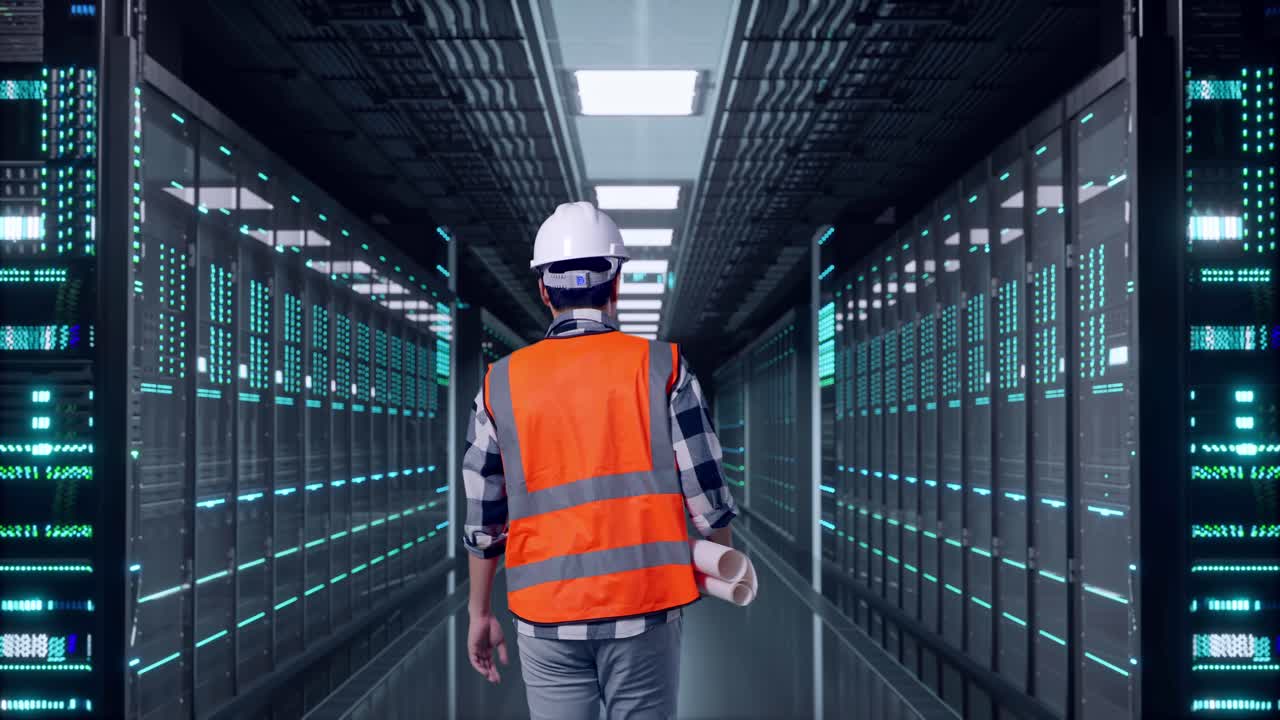 Back of Asian Male Engineer Holding Blueprint While Walking in Server Room Data Center