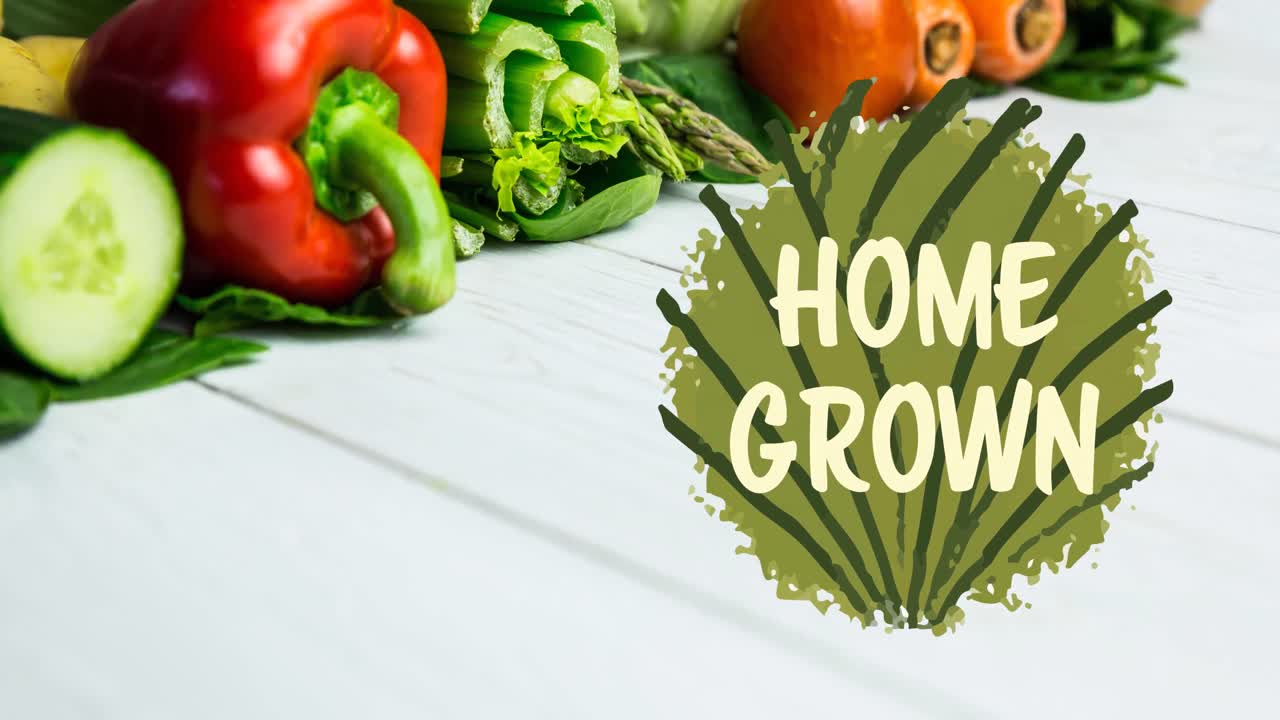 나무판에 신선한 유기농 채소 위에 초록색으로 집에서 재배 된 텍스트의 애니메이션