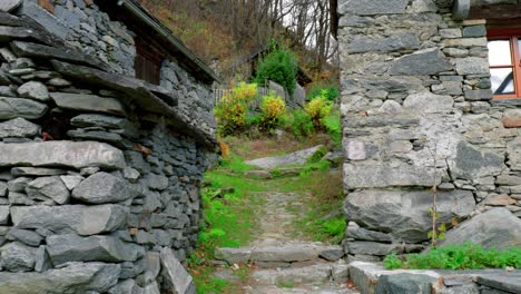 Fly-through-drone-shot-of-the-stone-houses-of-Cavergno,-situated-in-the-district-of-Vallemaggia,-canton-of-Ticino,-in-Switzerland