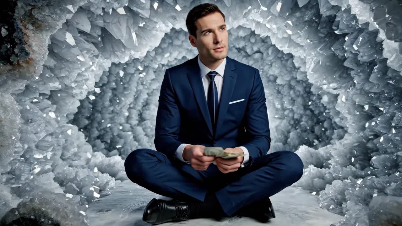 Successful businessman meditating with money inside a crystal cave