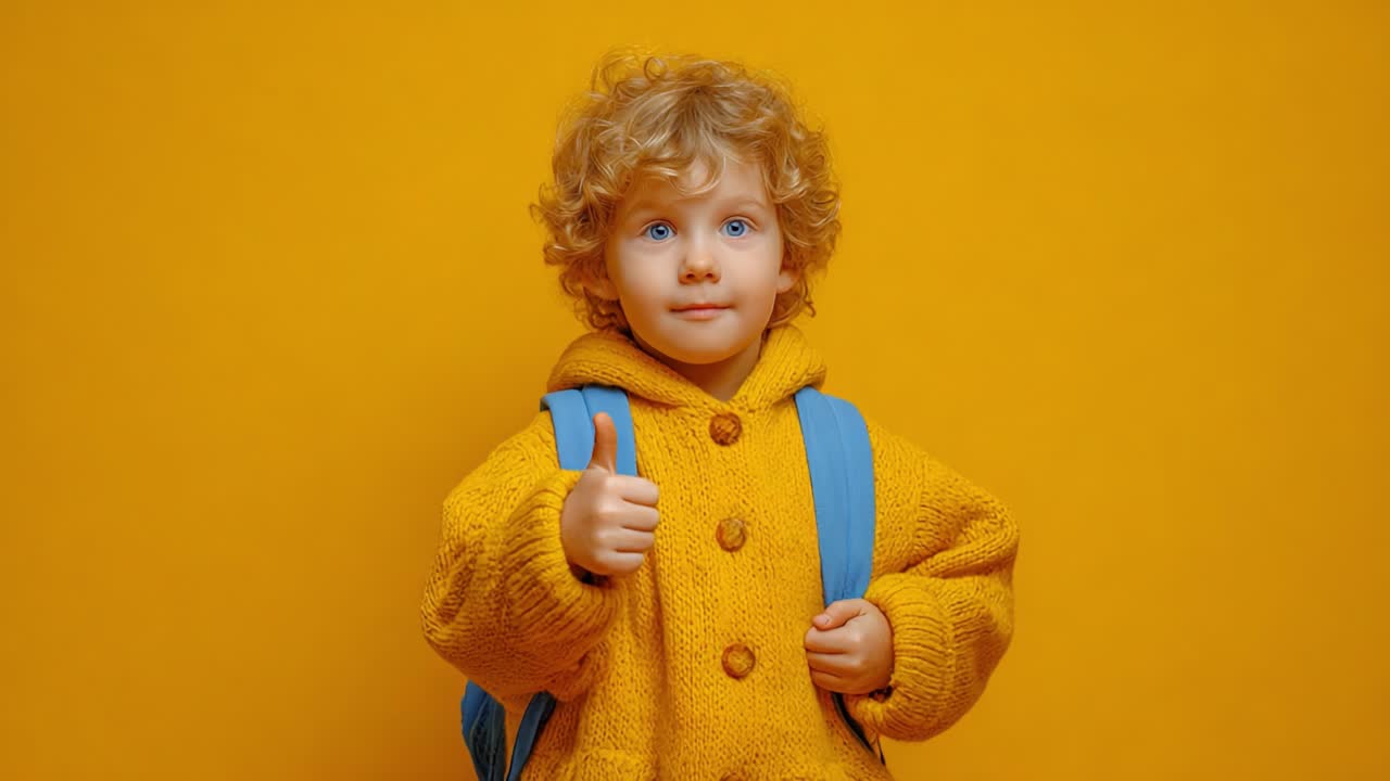 Cheerful Child in Yellow Sweater with Backpack Giving Thumbs Up Against Bright Yellow Background, Capturing Joy and Innocence in a Playful Setting