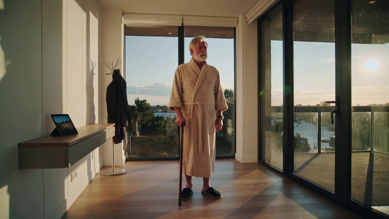 En stående ældre mand i beige morgenkåbe holder en stok og overskuer havnefronten i lejligheden, mens sollys strømmer ind.