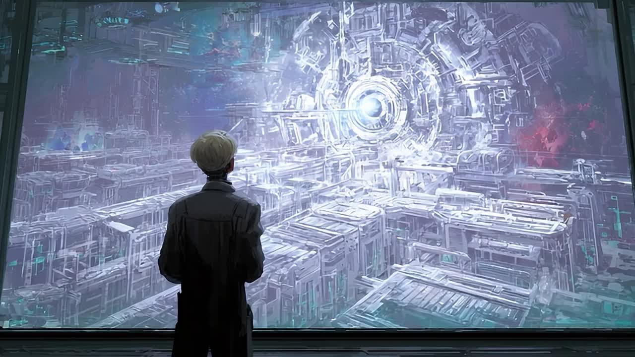 Person observing futuristic technology in a high-tech environment