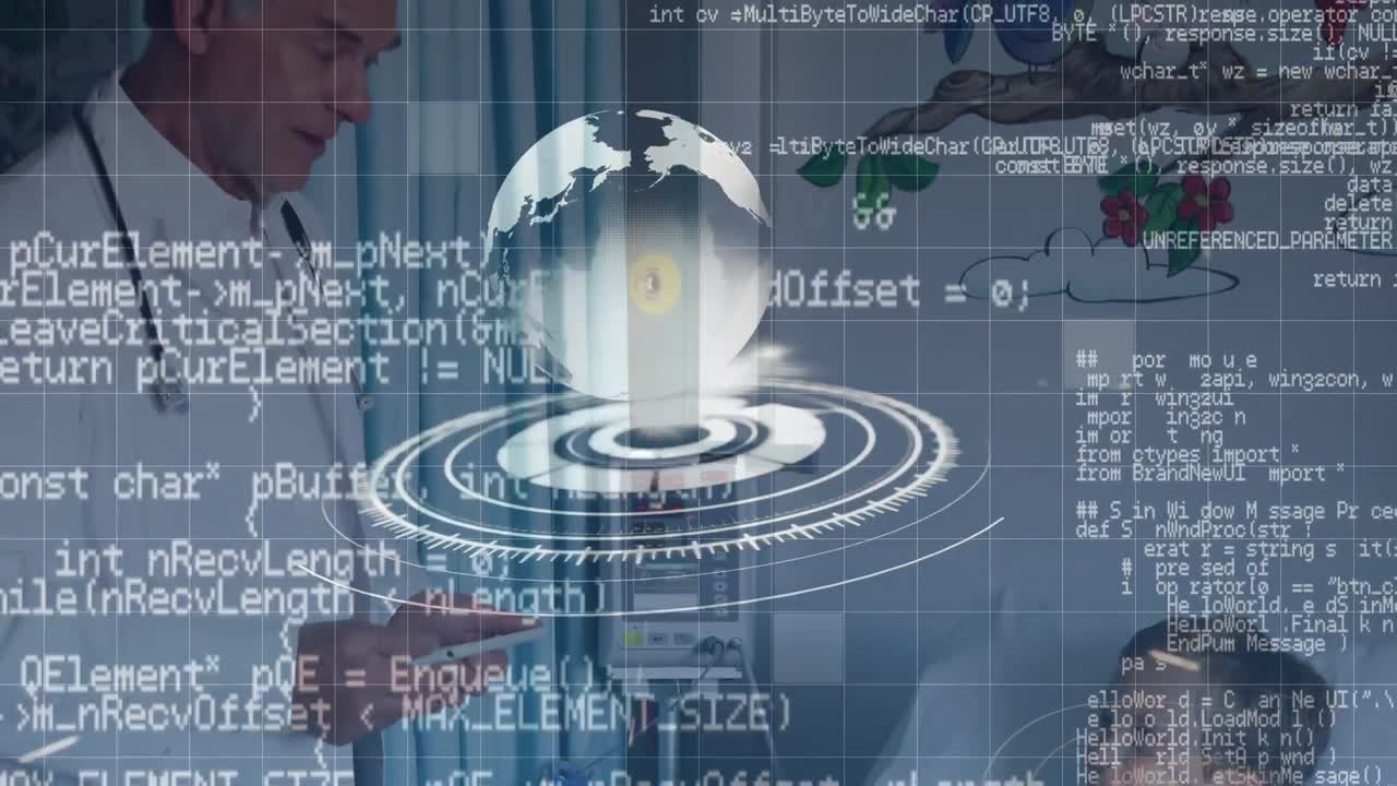 백인 고위 남성 의사와 소년에게 디지털 화면에 데이터와 지구의 애니메이션