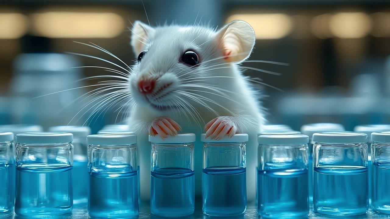 Lab rat with test tubes. A white laboratory rat curiously examines blue liquid in test tubes during a scientific study in a research facility.