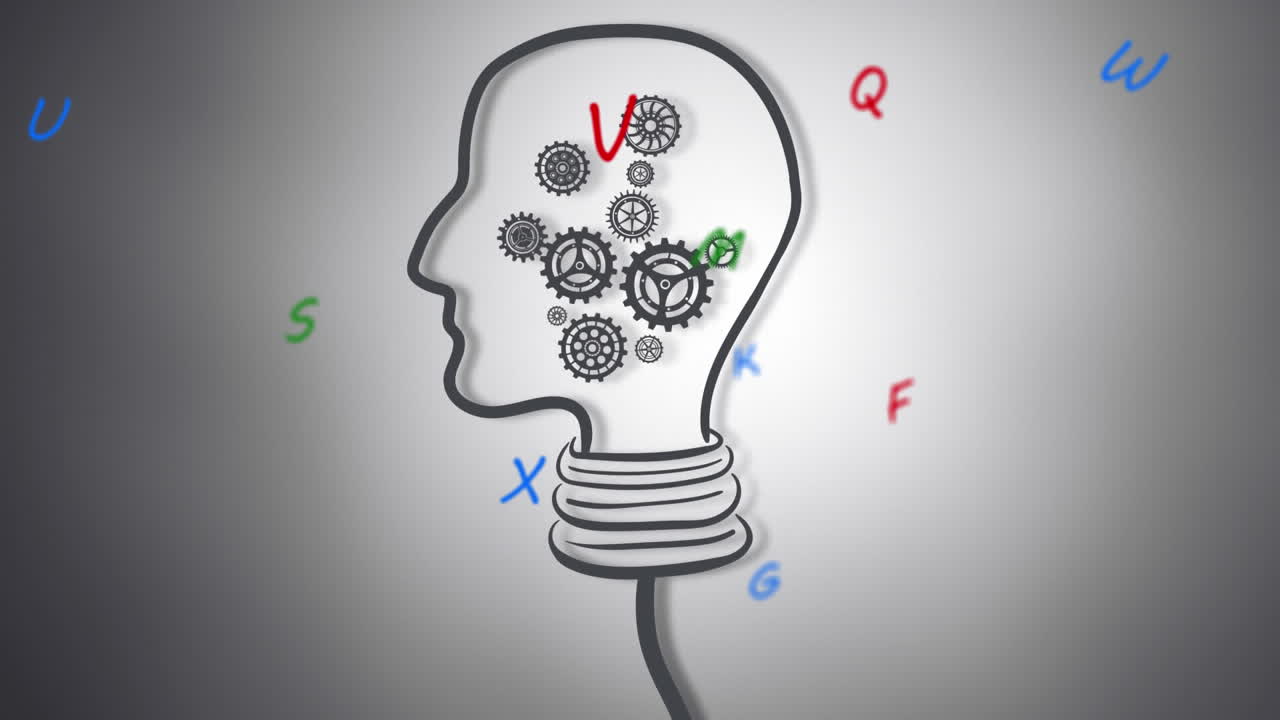 animación de letras coloridas flotantes sobre el dibujo de una cabeza humana con engranajes giratorios